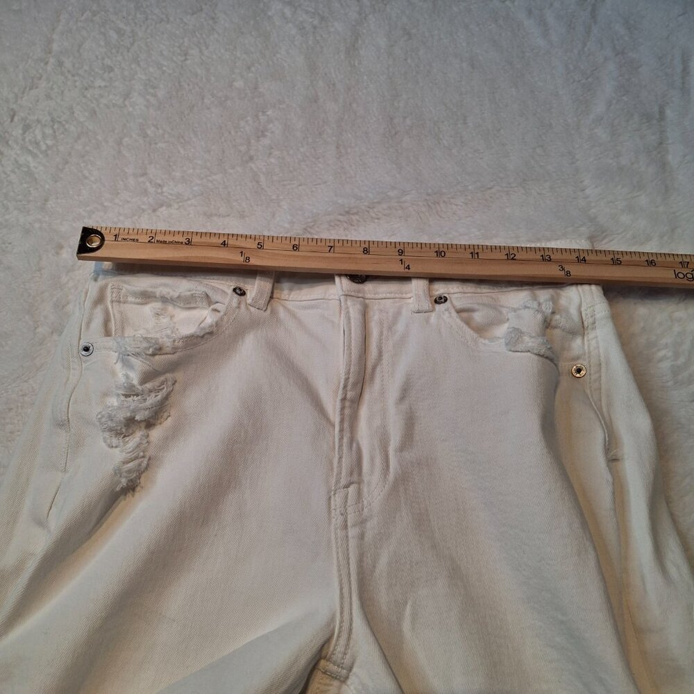 American Eagle Mom Straight Jean Sz 8 X-Short 5 Pocket Distressed Neutral Boho - Picture 13 of 16
